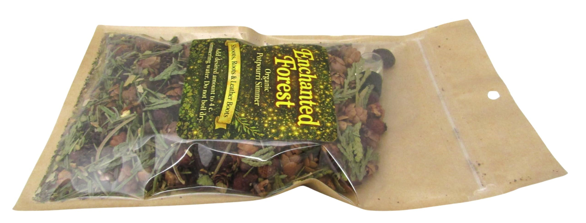Shoots, Roots & Leather Boots Enchanted Forest Simmer Potpourri in a sealed package showcasing dried herbs and botanicals