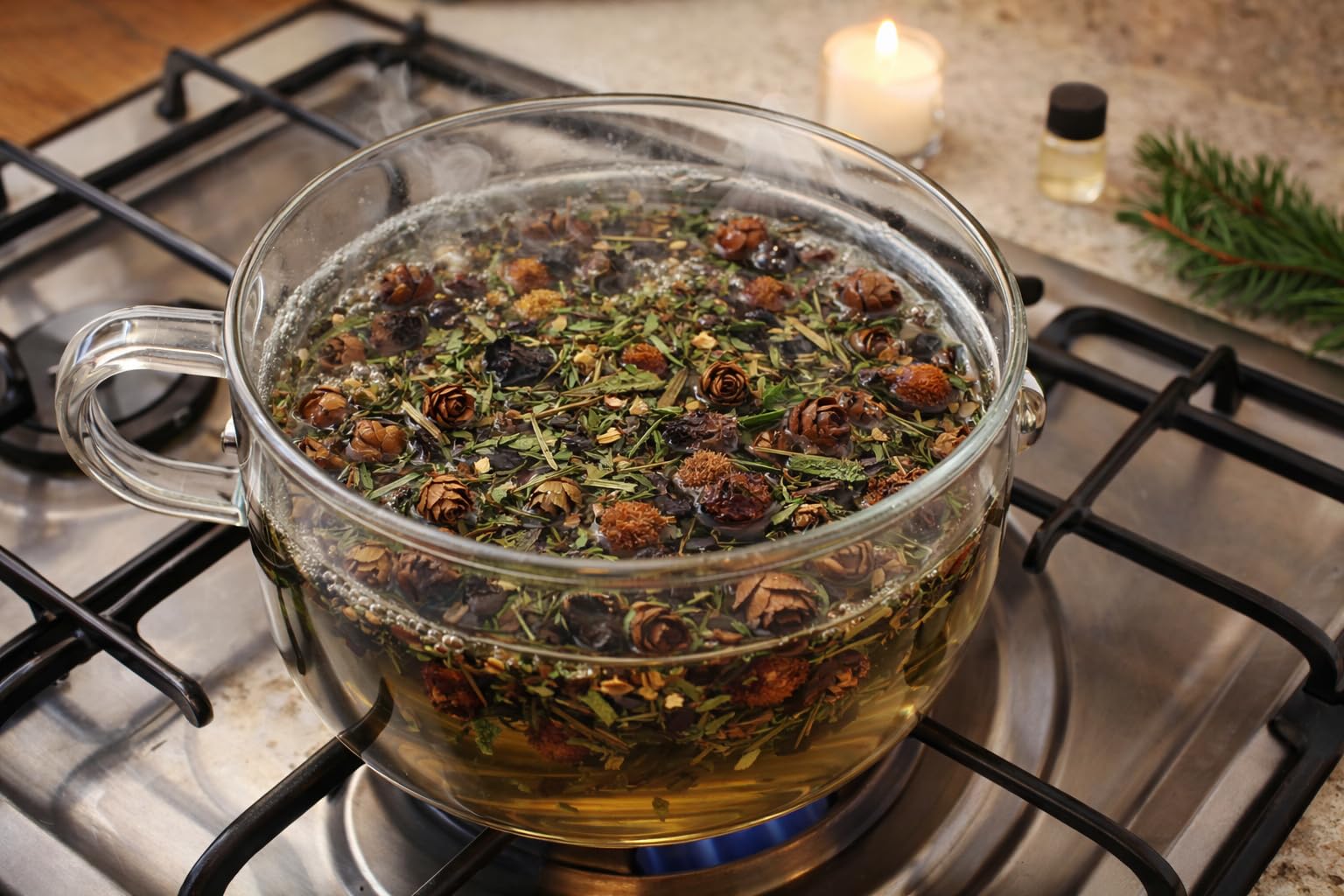 Shoots, Roots & Leather Boots Enchanted Forest Simmer Potpourri in a clear pot on a stove