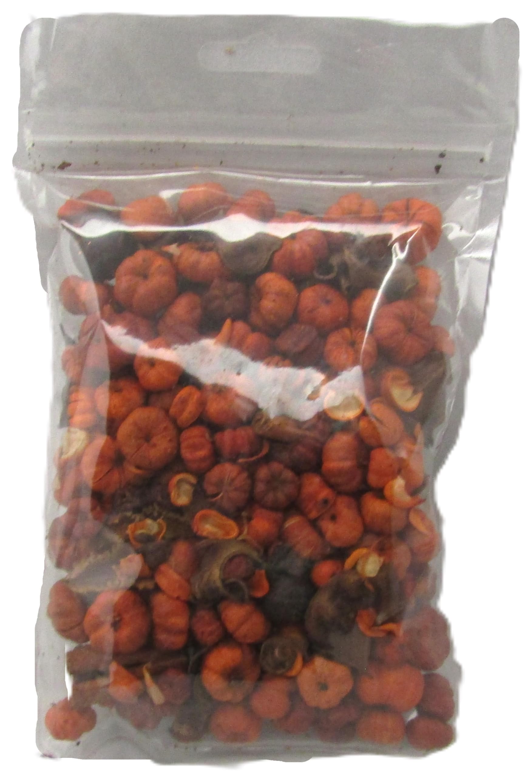 Fall potpourri with orange putka pods in a resealable clear bag for autumn home decor