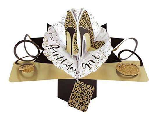 Second Nature Pop Ups fashion birthday greeting card featuring leopard print high heels and gold accents