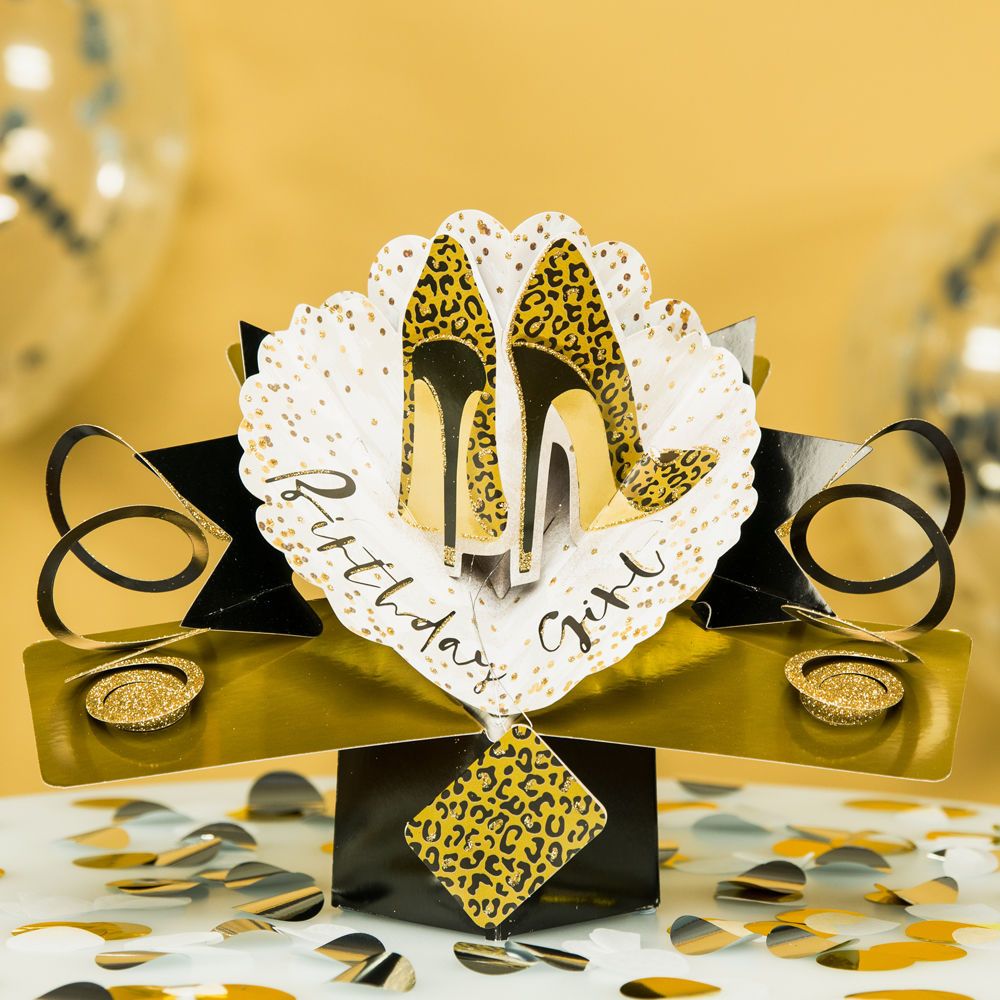 Second Nature Pop Ups fashion birthday greeting card with leopard print high heels and gold accents
