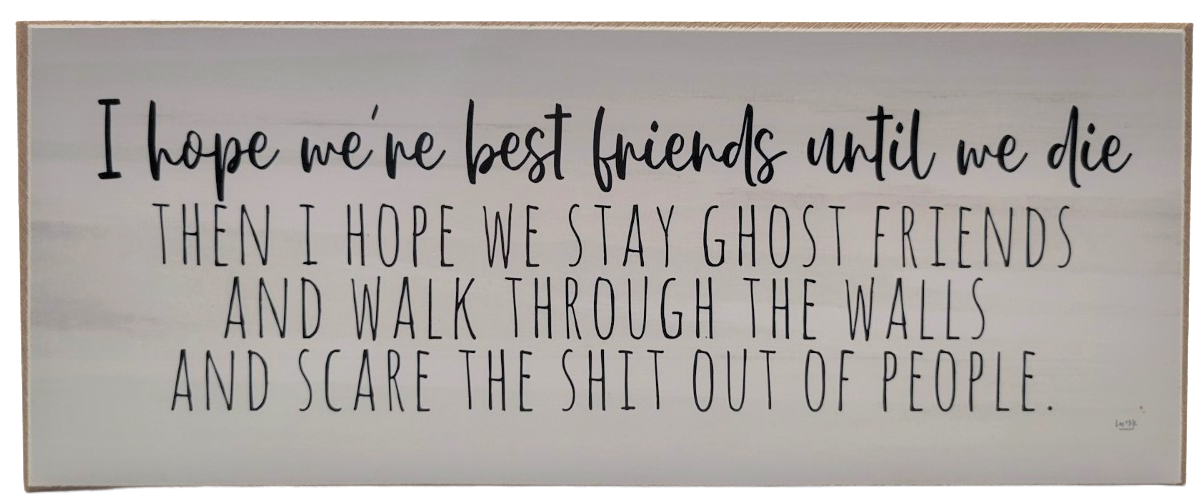 Funny friendship wood block sign with humorous quote about being ghost friends