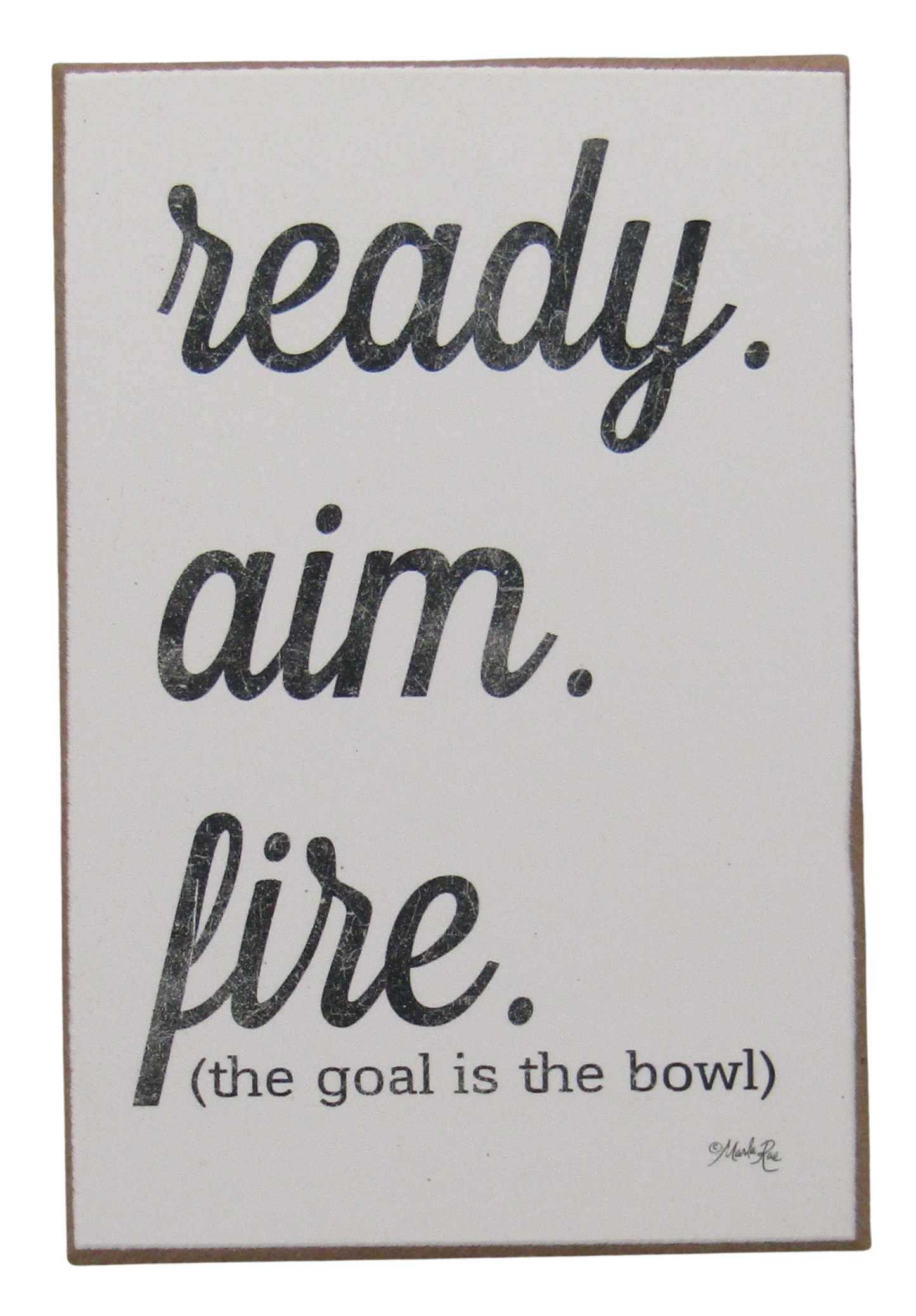 Ready aim fire bathroom sign featuring the phrase the goal is the bowl in stylish typography