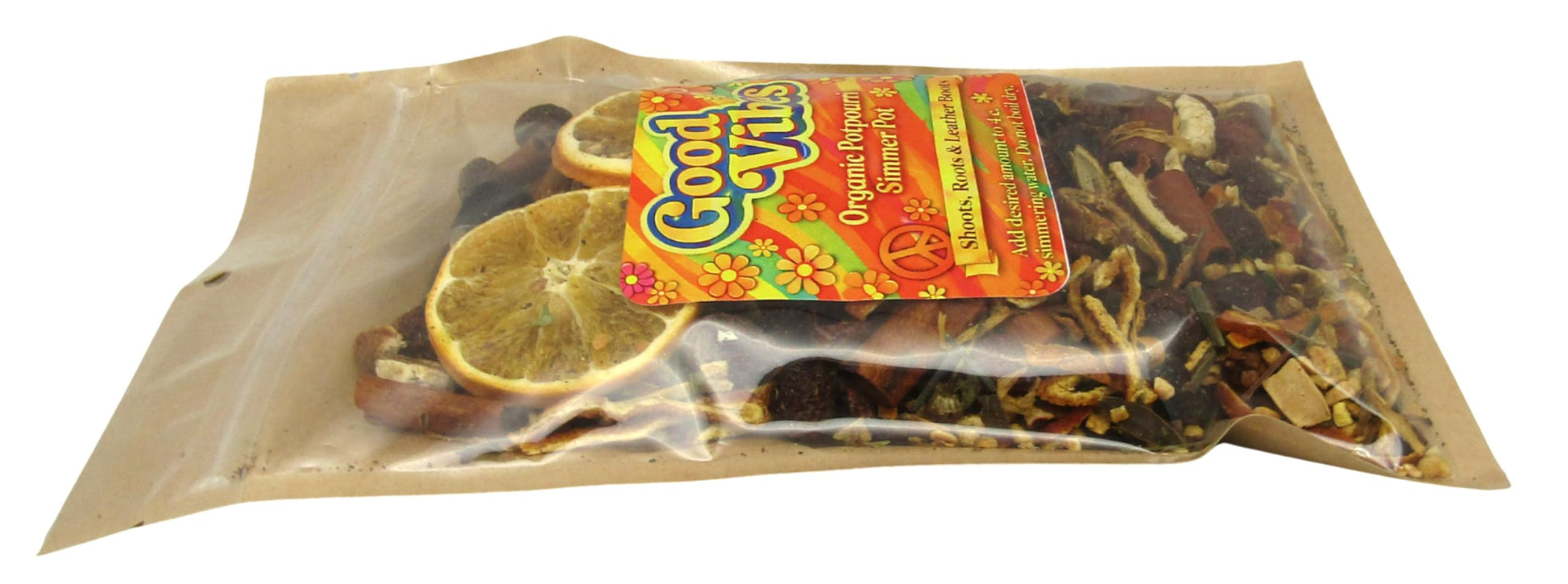 Shoots, Roots & Leather Boots Good Vibes Simmer Potpourri in a clear bag with dried oranges and spices