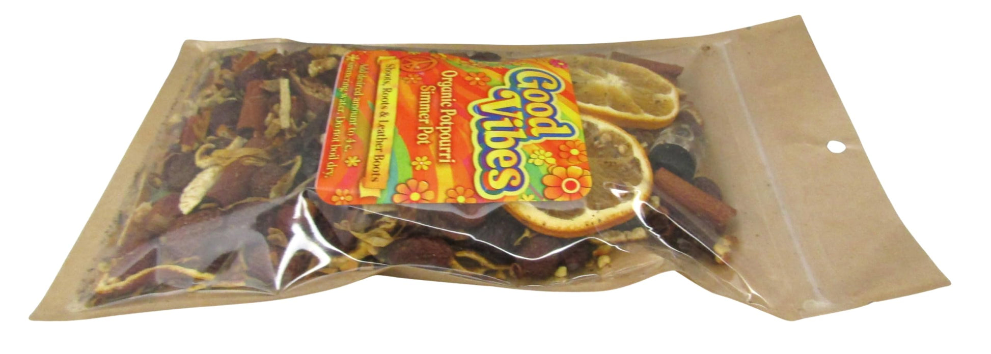 Shoots, Roots & Leather Boots Good Vibes Simmer Potpourri in a clear package with dried fruits and spices