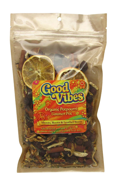 Shoots, Roots & Leather Boots Good Vibes Simmer Potpourri in a clear bag with dried fruit and herbs
