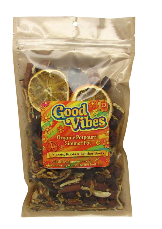 Shoots, Roots & Leather Boots Good Vibes Simmer Potpourri in a clear bag with dried fruit and herbs