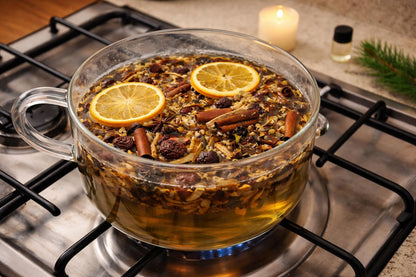 Shoots, Roots & Leather Boots Good Vibes Simmer Potpourri in a clear bowl with citrus slices and spices