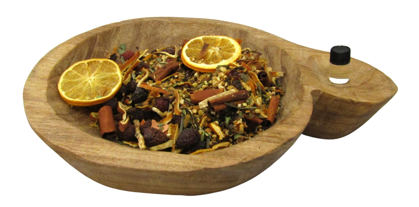 Shoots, Roots & Leather Boots Good Vibes Simmer Potpourri in a wooden bowl with dried fruits and herbs