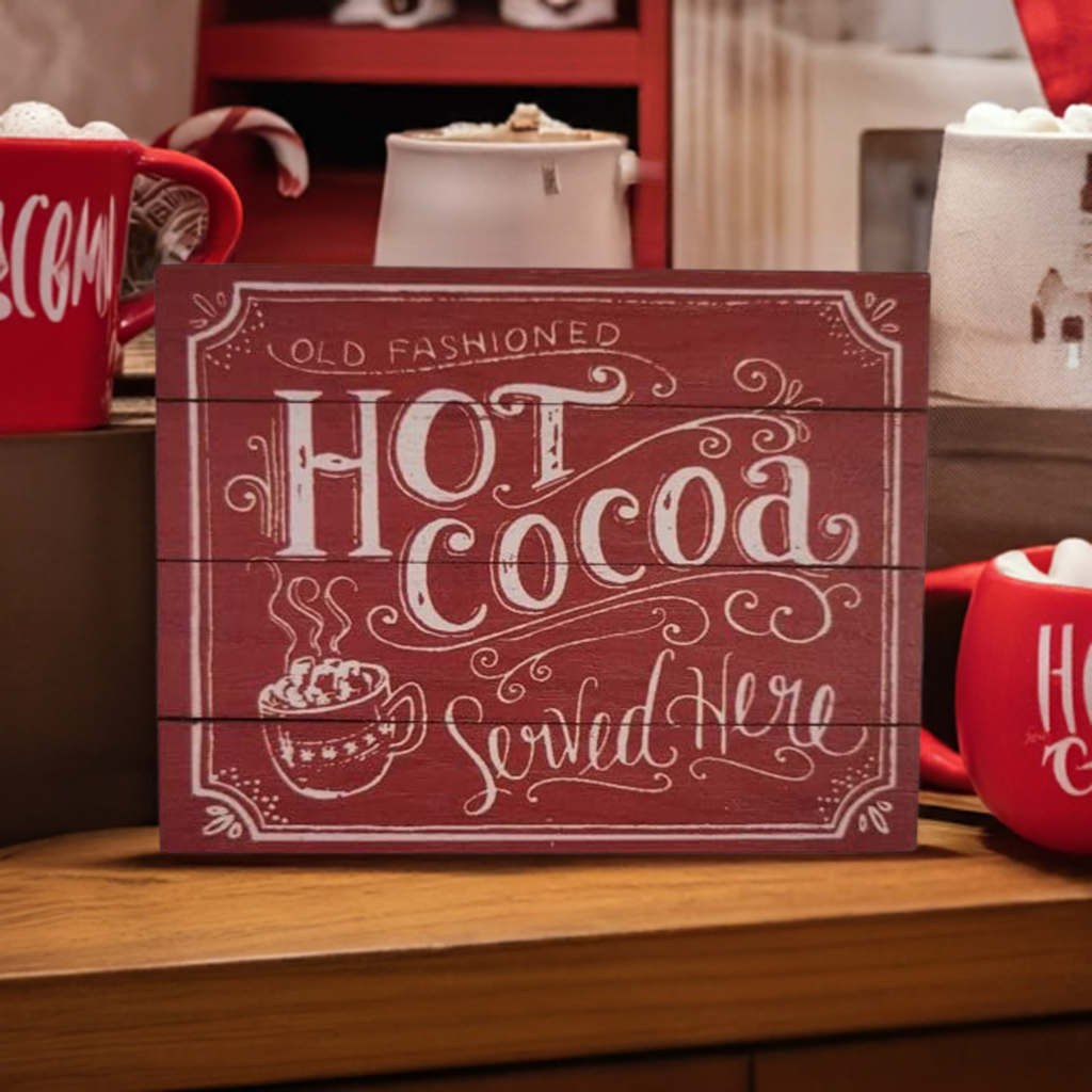 "Old Fashioned Hot Cocoa Served Here" Red Chalk Art Block Sign 6 x 5.5 x .75 inches