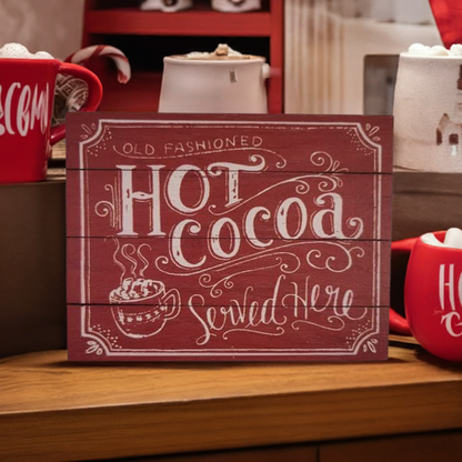 "Old Fashioned Hot Cocoa Served Here" Red Chalk Art Block Sign 6 x 5.5 x .75 inches