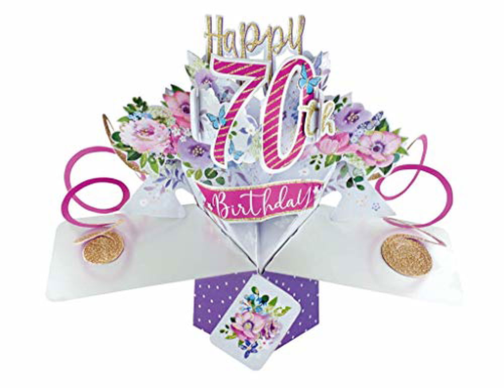 Second Nature Pop Ups 70th birthday pop up card with floral design and pink accents