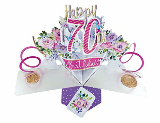 Second Nature Pop Ups 70th birthday pop up card with floral design and pink accents