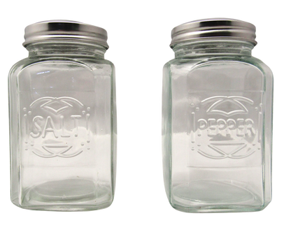 Home Essentials glass salt and pepper shakers with clear square glass bodies and silver metal lids