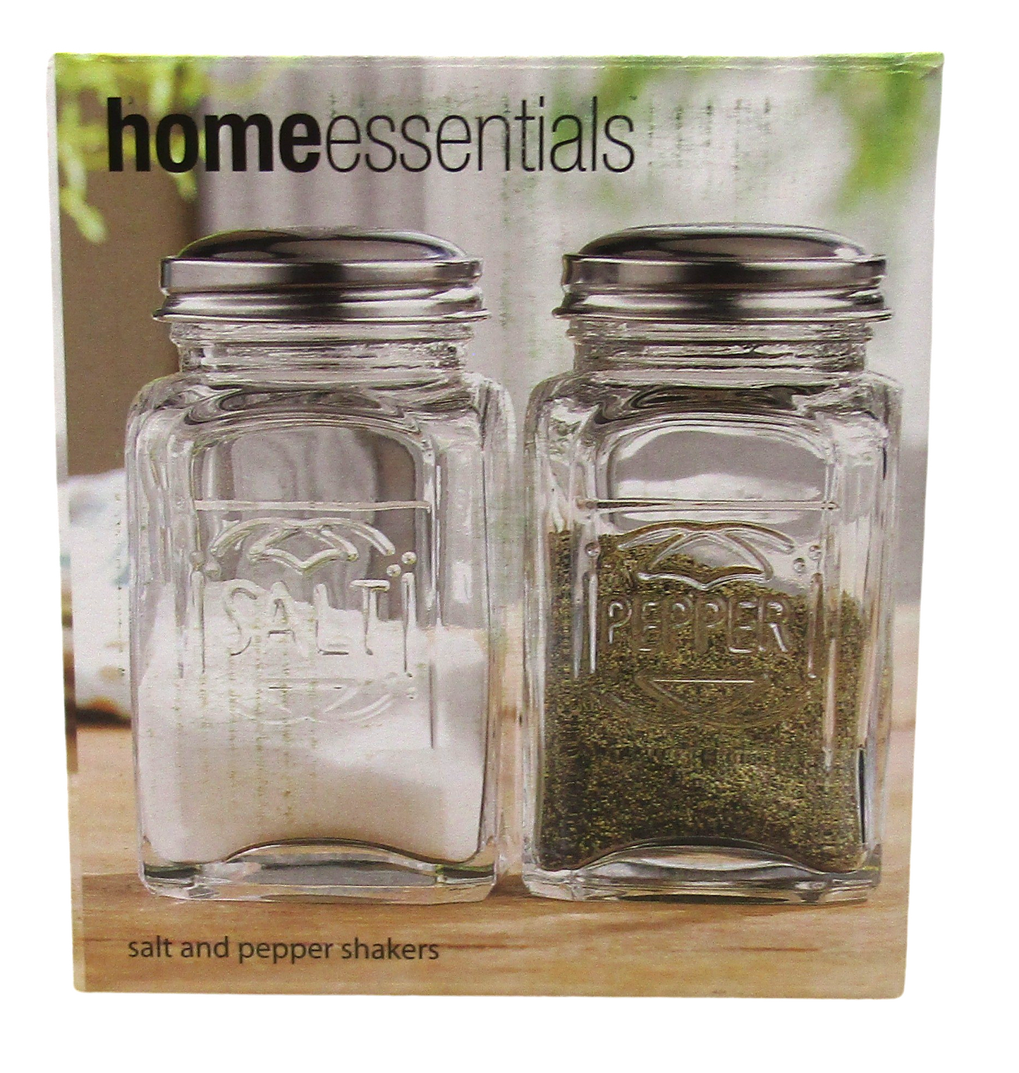 Home Essentials glass salt and pepper shakers with stainless steel lids for kitchen use