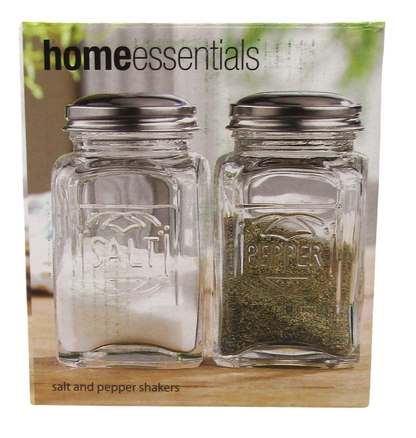 Home Essentials glass salt and pepper shakers with stainless steel lids for kitchen use