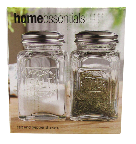 Home Essentials glass salt and pepper shakers with stainless steel lids for kitchen use