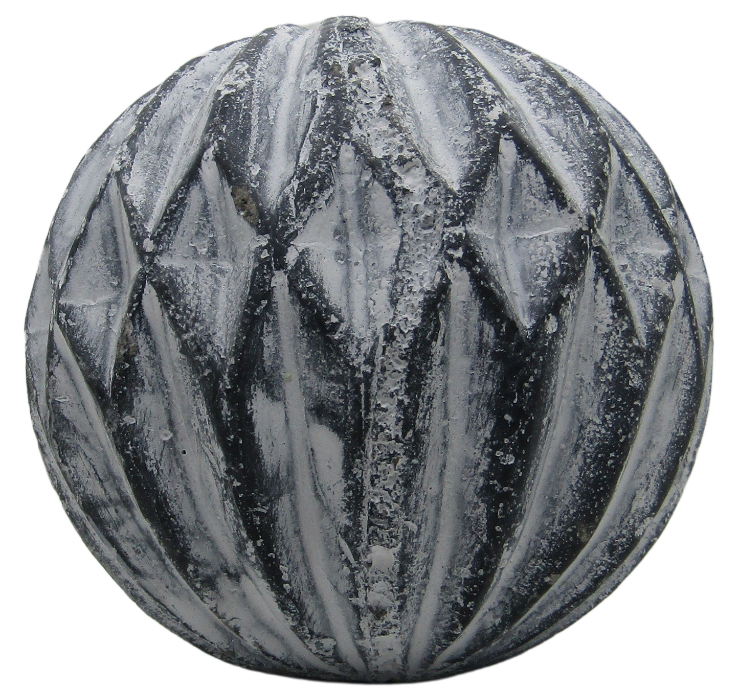 PD Home and Garden rustic concrete garden sphere with carved vertical leaf pattern and whitewashed weathered finish