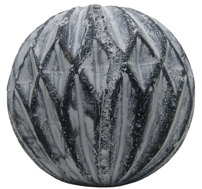 PD Home and Garden rustic concrete garden sphere with carved vertical leaf pattern and whitewashed weathered finish