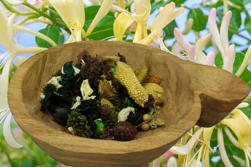 Honeysuckle potpourri bowl filler displayed in a rustic wooden bowl with assorted natural elements