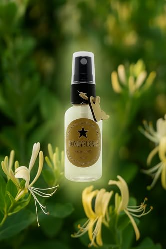 Shoots Roots & Leather Boots Honeysuckle potpourri refresher spray bottle with honeysuckle flowers background