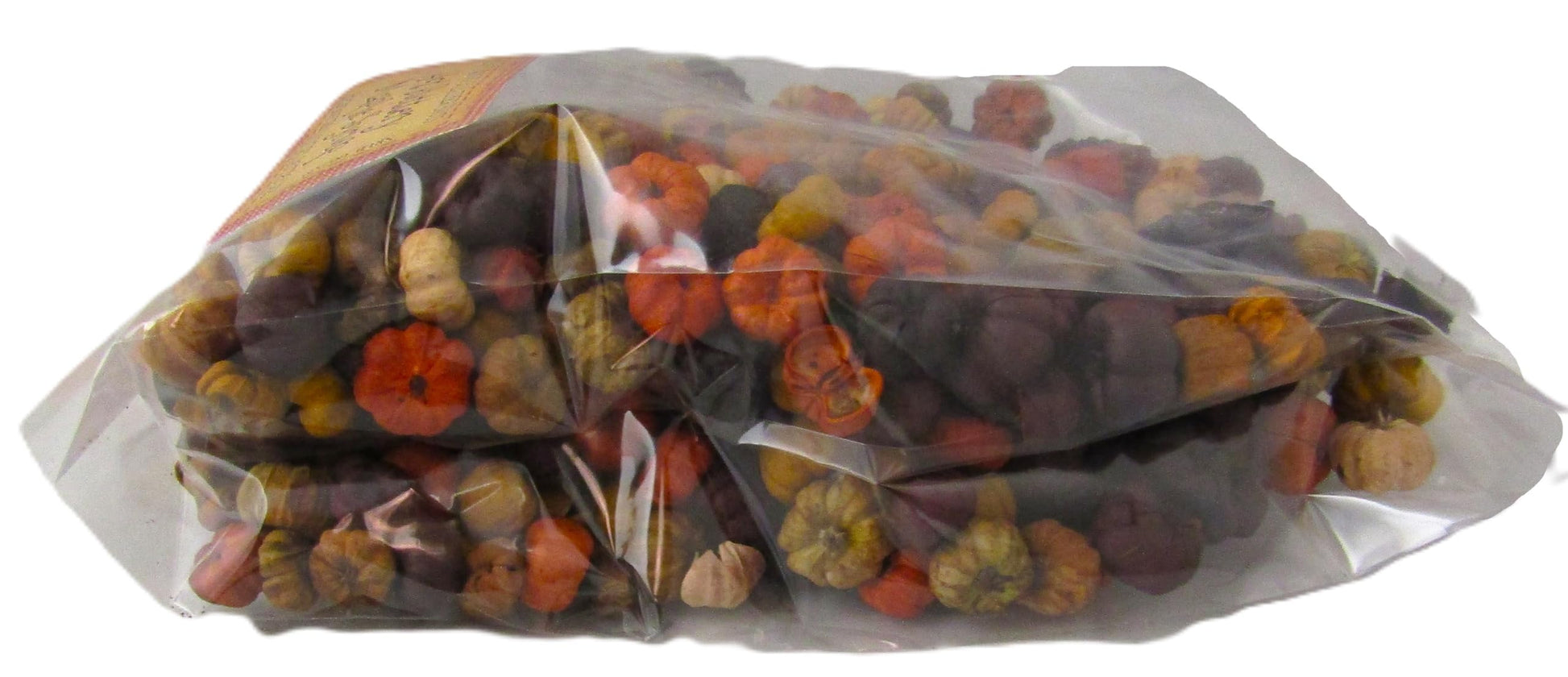 Clear sealed bag of Maple Syrup Potpourri with dried miniature pumpkins and autumn spice colors