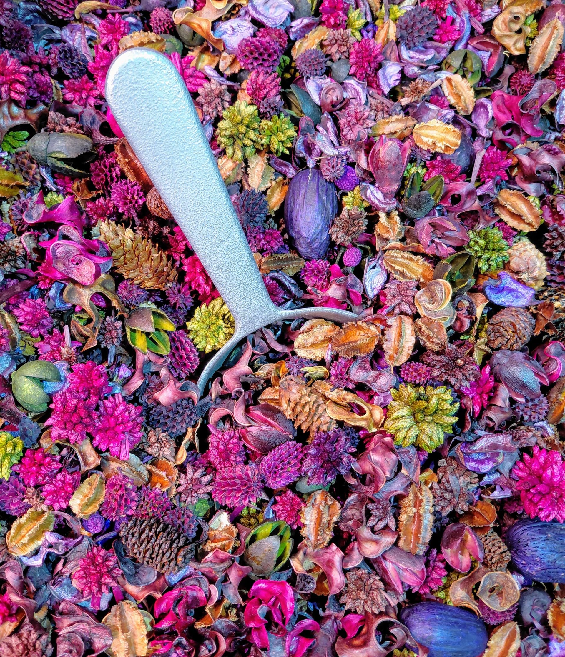 Colorful Bowl Filler Potpourri with dried flowers, pine cones, and a light blue scoop for home decoration