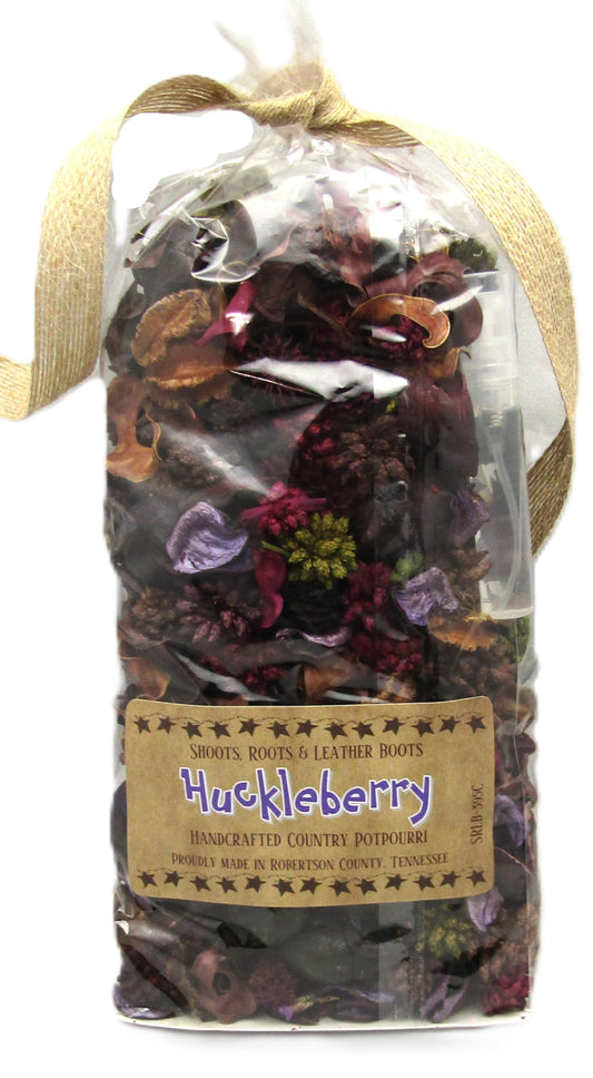 Shoots Roots Leather Boots Huckleberry Bowl Filler Potpourri with dried flowers and pinecones in clear bag