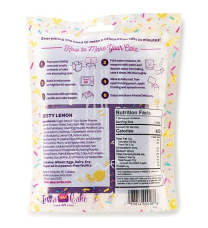 Instacake Cards Zesty lemon celebration cake kit package back with instructions ingredients and nutrition