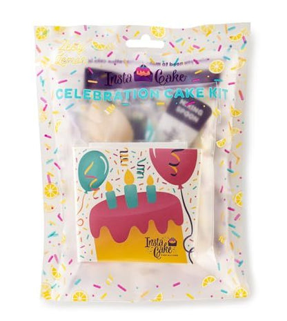 Instacake Cards lemon celebration cake kit in resealable confetti bag with illustrated cake and balloons