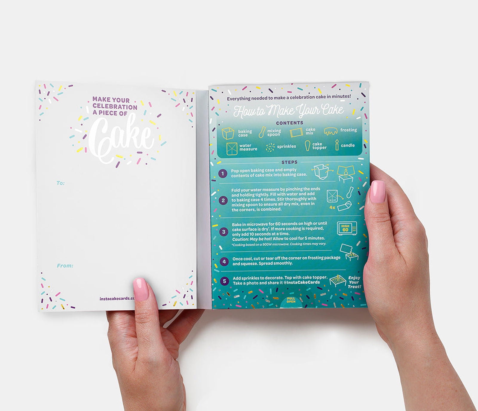 Instacake birthday card greeting card with colorful interior and cake-making instructions