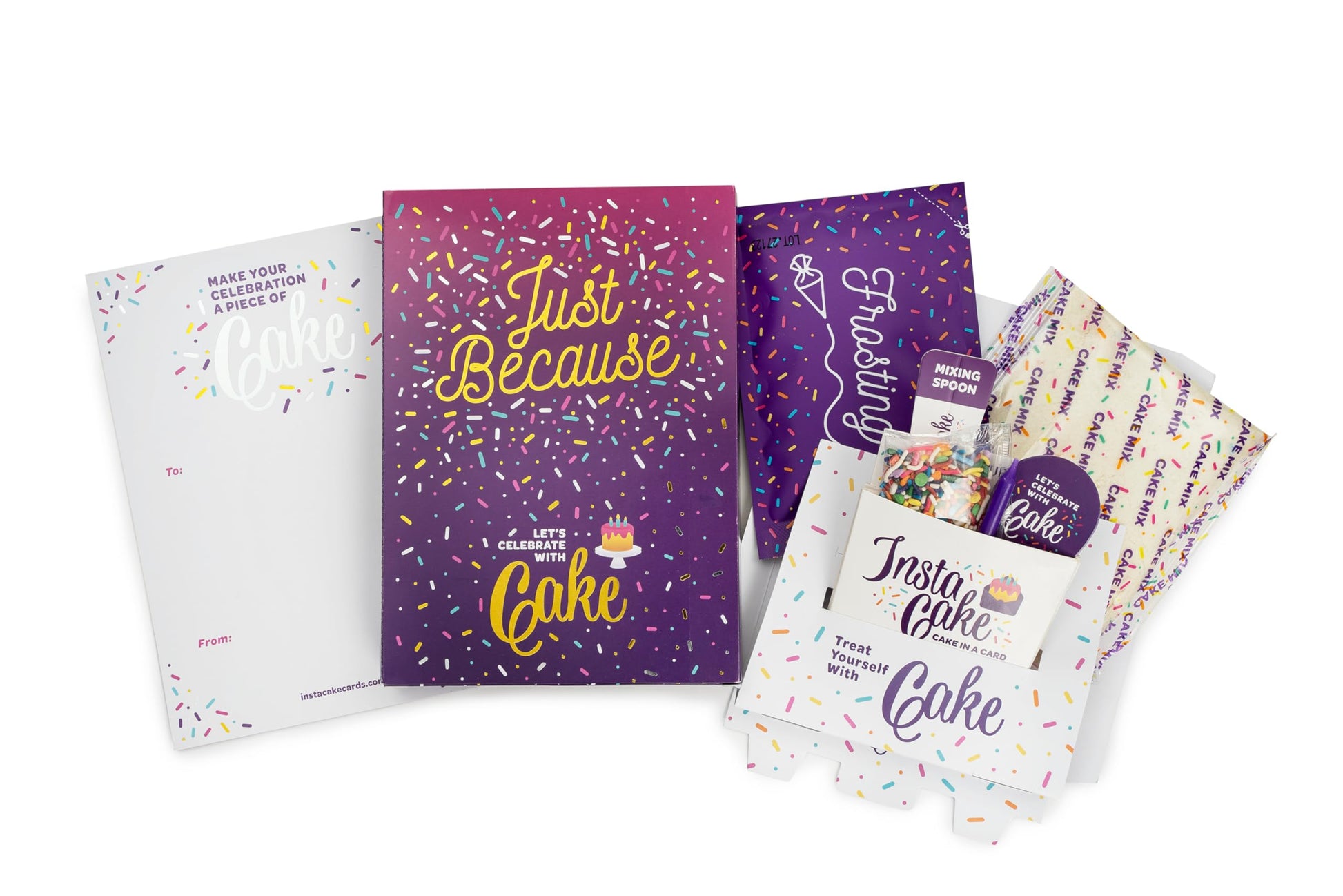 Instacake Cards cake in a card gift with Just Because purple confetti design and baking kit
