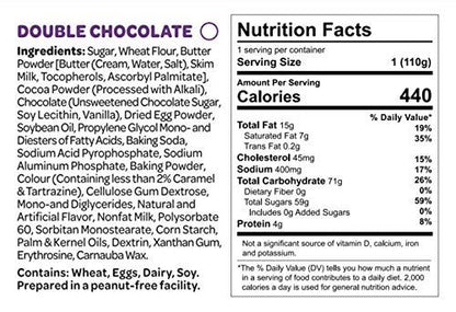 Instacake Cards Double Chocolate cake mix ingredients and nutrition label for party favor cake kit for events