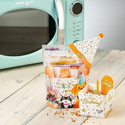 Instacake Cards pet celebration cake kit with party hat and birthday candles on wooden table