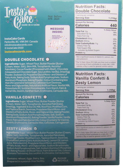 Unique birthday gift card by Instacake Cards featuring double chocolate and vanilla confetti flavors with nutritional facts