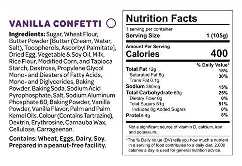 Vanilla celebration cake kit nutrition facts and ingredients label showing calories and allergens