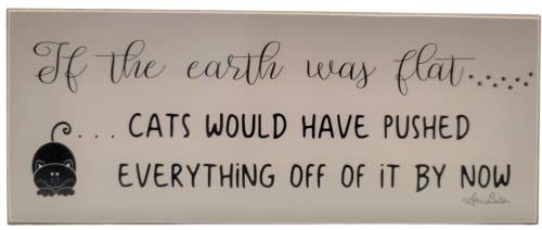Funny cat wood sign with humorous text about cats pushing everything off if the earth was flat