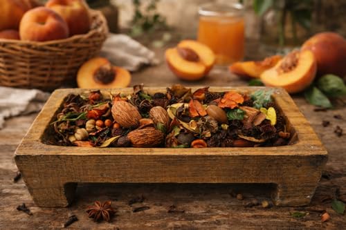 Natural juicy peach potpourri bag displayed in a wooden bowl with fresh peaches in the background