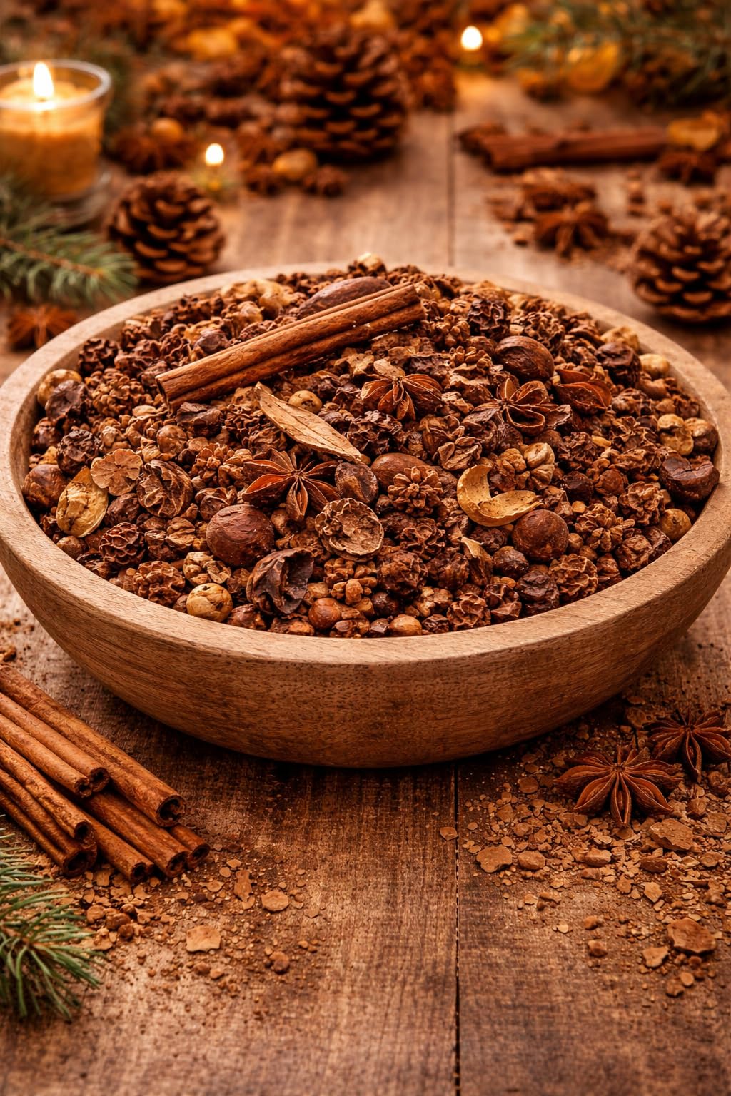 Just Browsing Cinnamon Bulk Potpourri in a wooden bowl with natural spices and a warm color palette