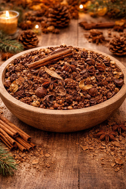 Just Browsing Cinnamon Bulk Potpourri in a wooden bowl with natural spices and a warm color palette