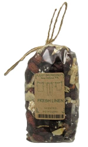 Just Browsing fresh linen potpourri bowl filler 2 cup in a clear bag with natural twine packaging