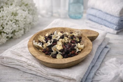 Fresh linen potpourri bowl filler 2 cup in a wooden bowl on a white and blue linen backdrop