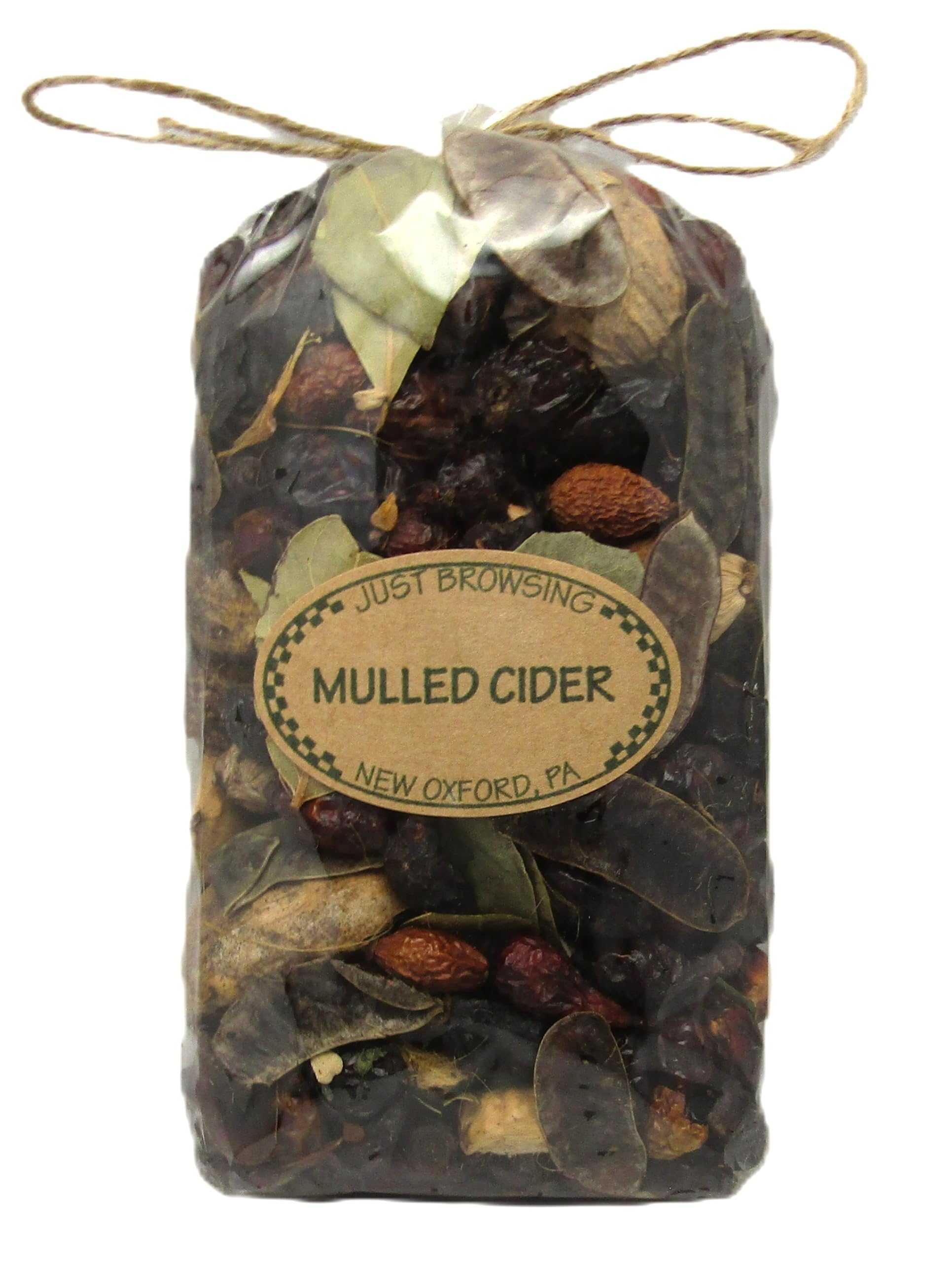 Just Browsing mulled cider potpourri in a clear bag with natural ingredients for a cozy scent