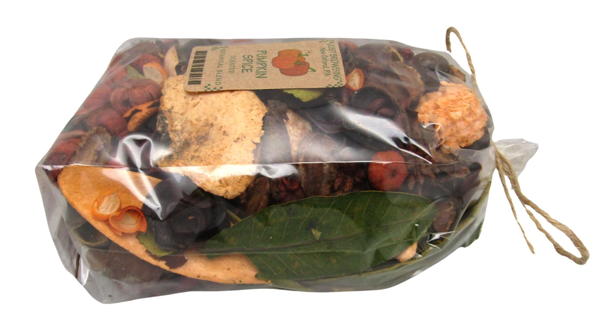 Just Browsing Pumpkin Spice Botanical Potpourri in a clear package with autumn leaves and dried spices