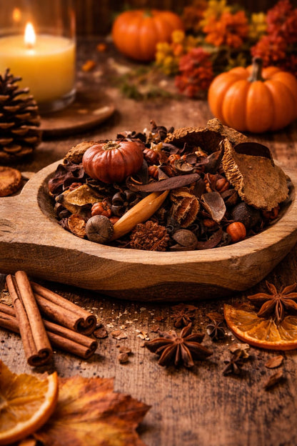 Just Browsing Pumpkin Spice Botanical Potpourri in a wooden bowl with autumn decor
