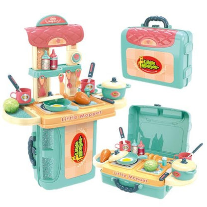 Family Games America kids carrycase play set with miniature kitchen tools and food items in a portable suitcase