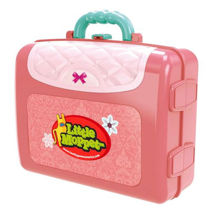Family Games America kids carrycase play set in pink with teal handle and Little Moppers logo