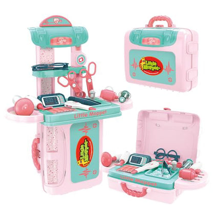 Family Games America kids carrycase play set with medical tools and compact pink green design