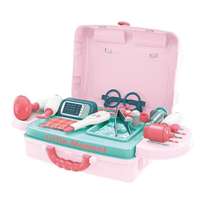 Family Games America kids carrycase play set with toy medical tools in a pink and teal case