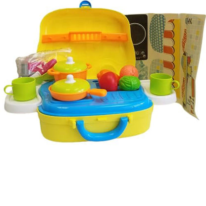 Family Games America kids kitchen play set with yellow case, pots, cups, and toy vegetables